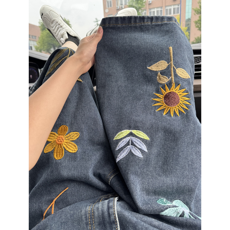 Embroidery Jeans - Unisex Korean Style Y2K Floral Embroidery