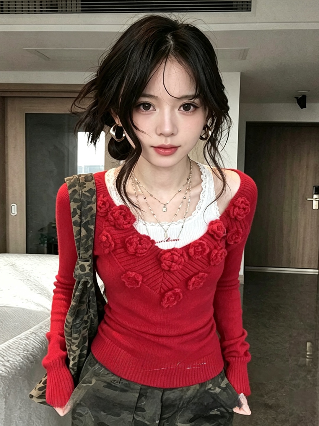 Embroidery Design 3D - Slimming V-Neck Red Knitted Top Women's
