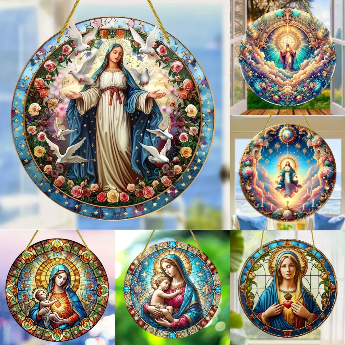 Embroidery Garden - Christian Religion Mary Suncatcher,Translucent Stained Window