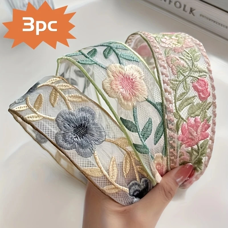 Embroidery Hoop - 1/3pcs Elegant Chiffon Embroidery Flower Hairband
