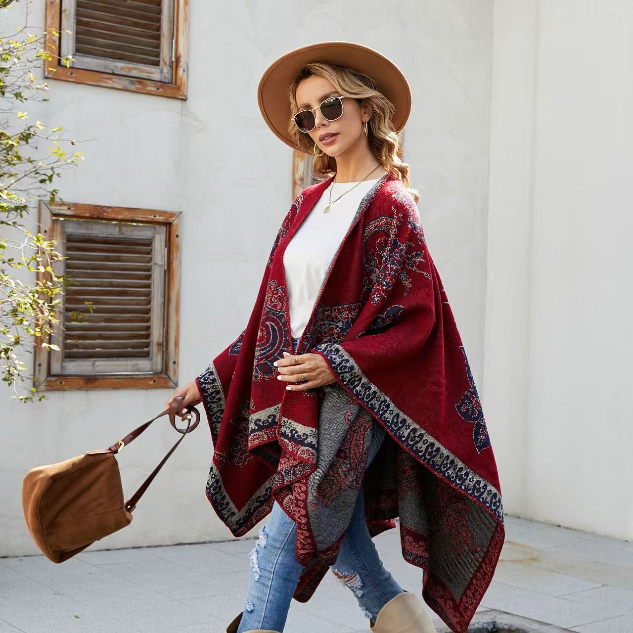 Embroidery X Pattern - Patterned Faux Cashmere Warm Shawl Cape