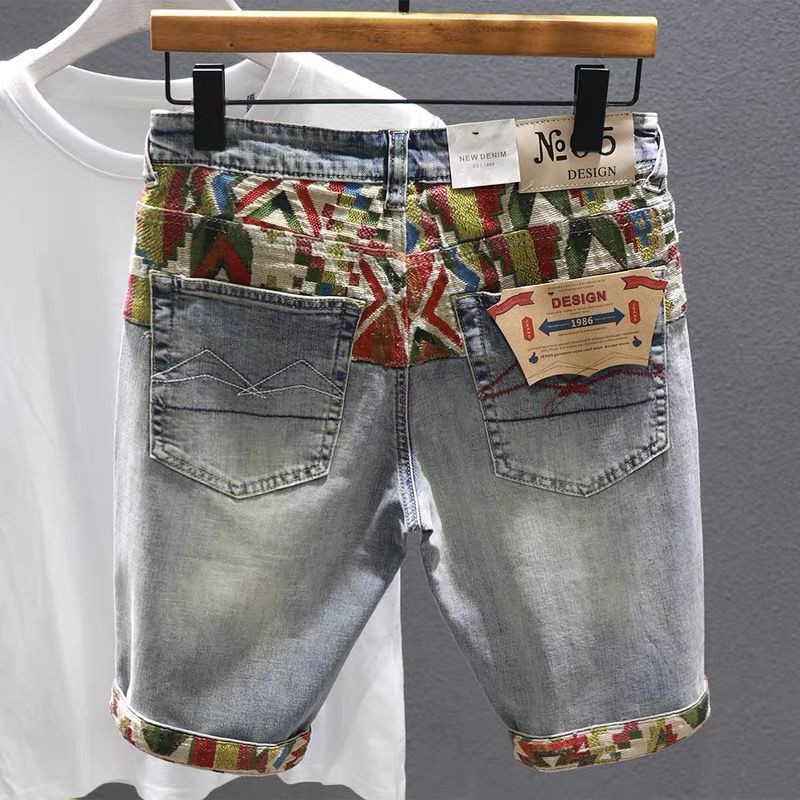 Embroidery Jeans - Man Denim Shorts Selvedge Multi Color