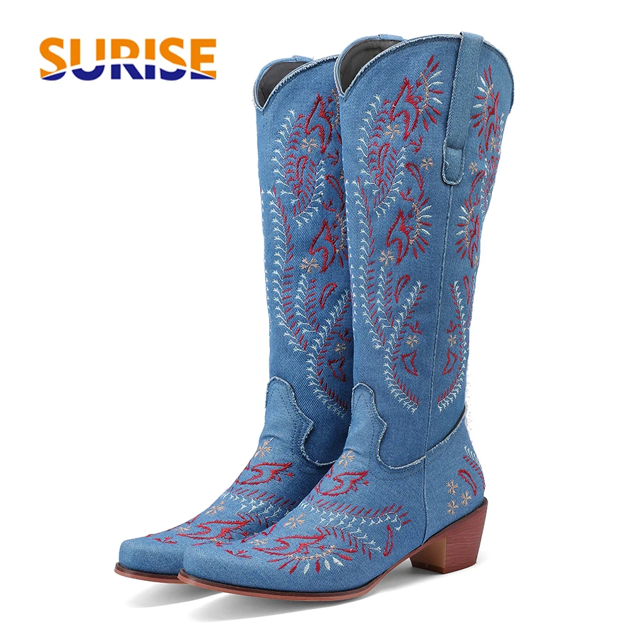 Embroidery Jeans - Blue Denim Western Cowgirl Knee High