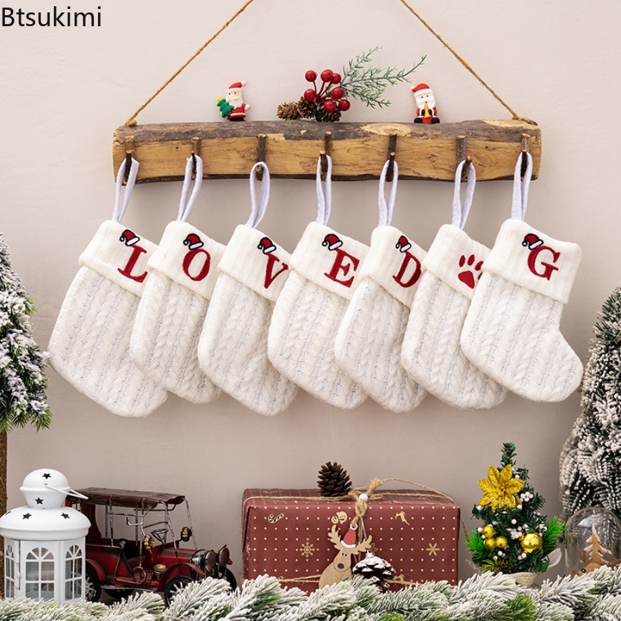 Embroidery Xmas Ornaments - Christmas Letter Embroidery Knitted Socks Christmas