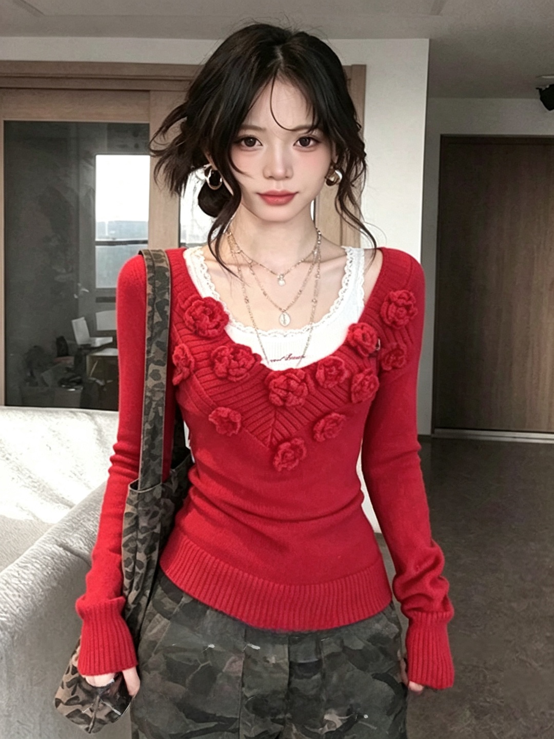 Slimming V-Neck Red Knitted To - Embroidery Design 3D review and price