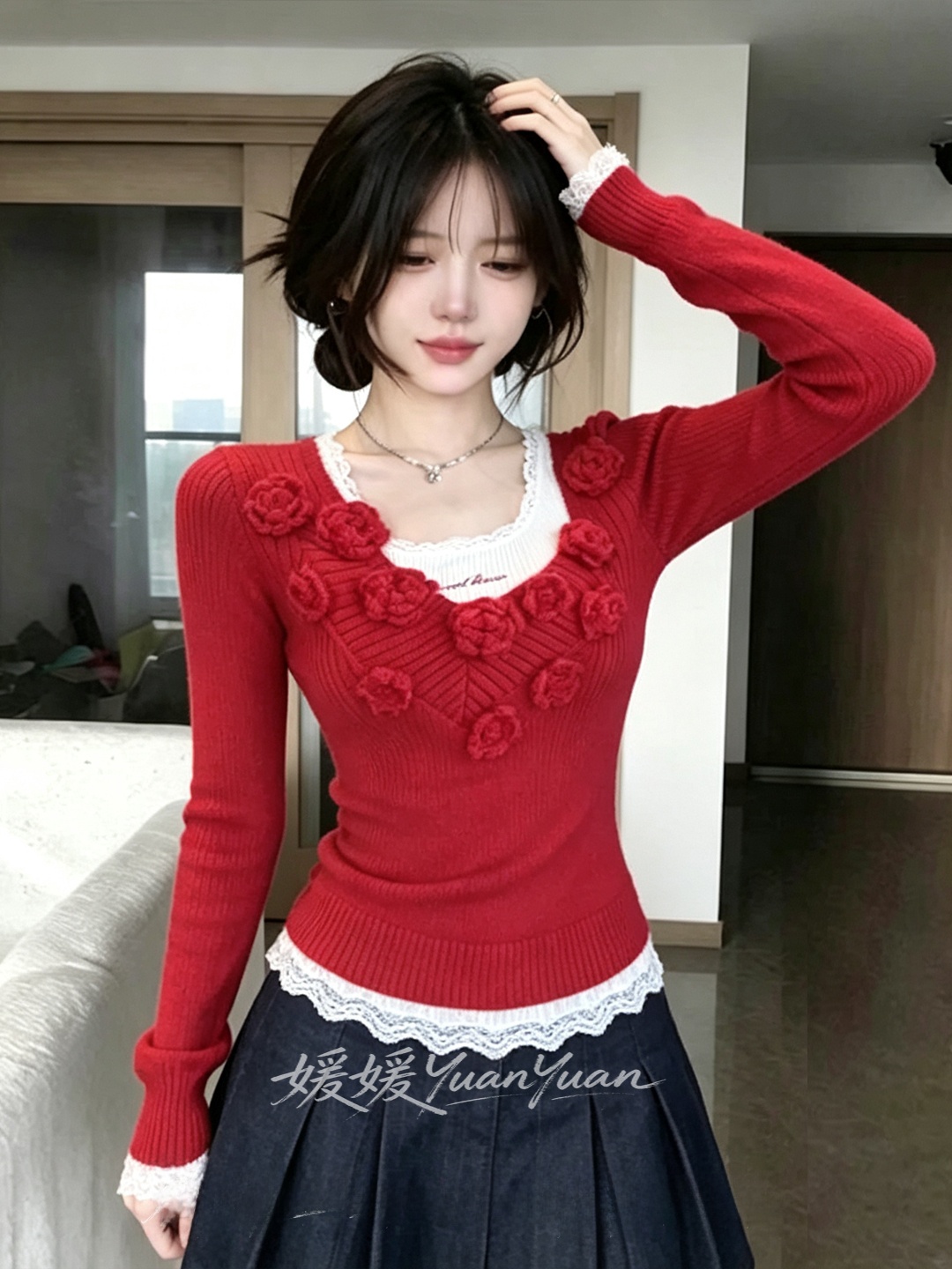Slimming V-Neck Red Knitted To - Embroidery Design 3D review and price
