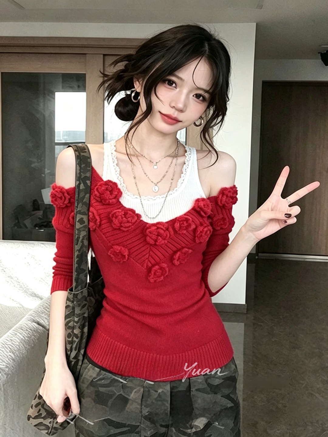 Slimming V-Neck Red Knitted To - Embroidery Design 3D review and price