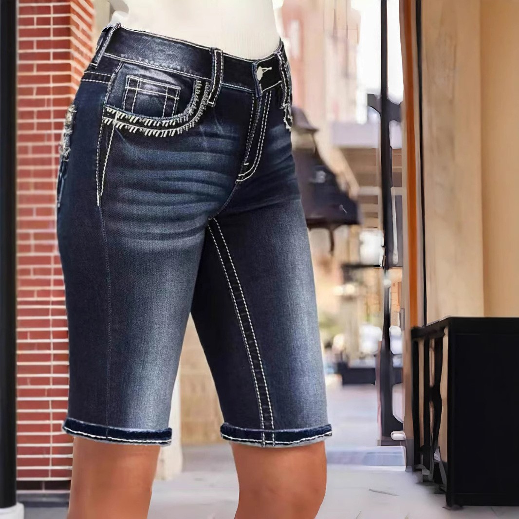 Women's Blue Mid Waist Straigh - Embroidery Jeans review and price