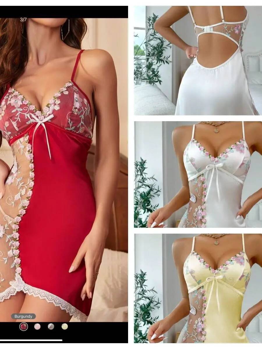 Satin Nightdress With Floral E - Embroidery X Pattern review and price